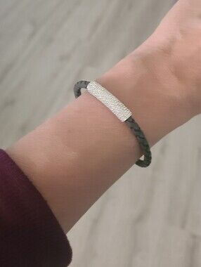 Swarovski Dark Gray Braided Leather Bracelet Crystal Pavé Bar-Excellent Conditio